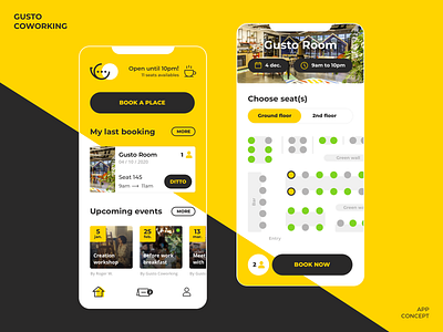 Coworking app concept app booking booking system branding choose a seat coffee coworking design events icon members seat sketchapp ui ux