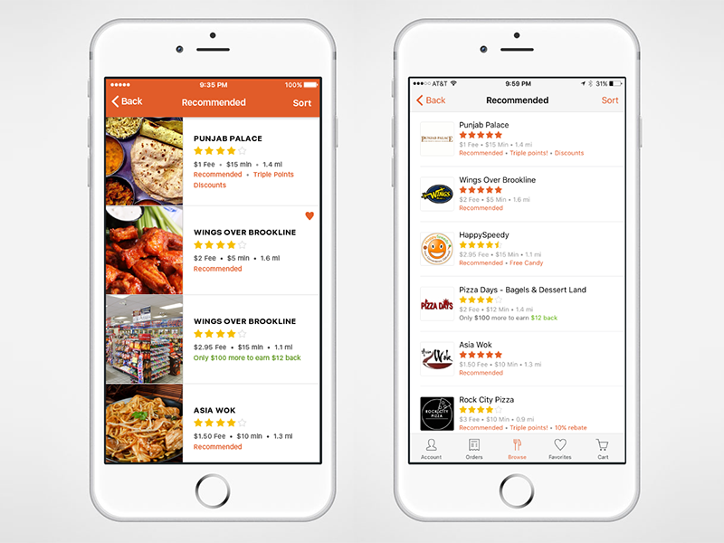 Restaurant List (2 Options) list cards tiles delivery food browse foodler