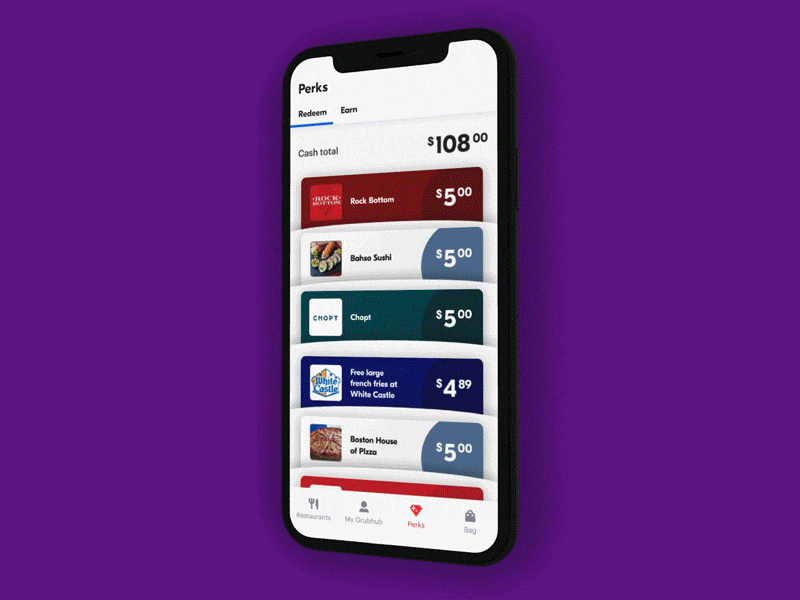 Grubhub Perks! animation app cards coupons deals delivery delivery app food food app grubhub ios loyalty perks principle rewards ui wallet