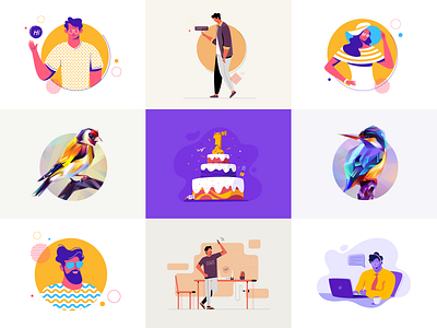 2018 Best Nine 2018 app avatar best 9 bird cake flat hi illustration kingfisher nine notification top vector violet yellow