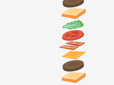 Exploded Burger bacon bread bun cheese delicious food hamburger hungry icons illustration ingredients lettuce meat patty sandwich seeds slice stylized tomato vector