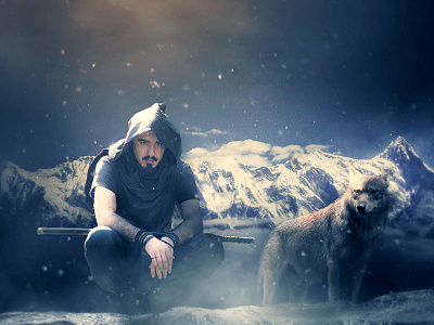 The Lone Hunter alone cold dark digital art hunter katana moon mountains snow waterfall winter wolf