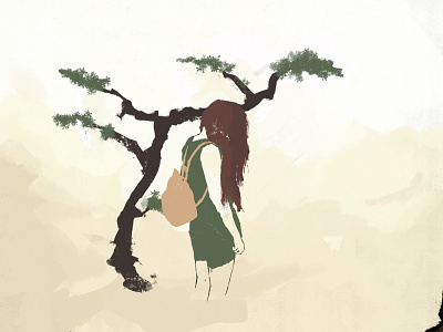 Person with long hair standing in front of a tree backpack bonzai graphic green illustration japan long hair painting sad shorts tree woman