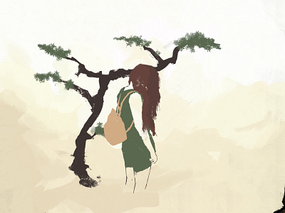 Person with long hair standing in front of a tree