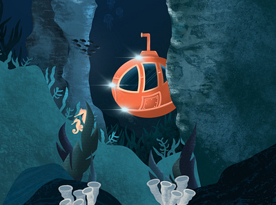 Orange Submarine adventure design explore fish graphic design illustration marine ocean ocean life procreate procreate art sea seahorse submarine underwater