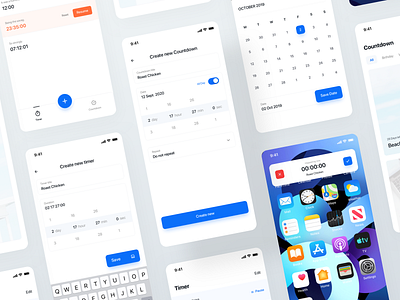 Timer app - IOS App app design bottom bar countdown app date picker date ui floating ui ios 14 ios app minimal ui tab view time picker time ui timer timer app timer ui