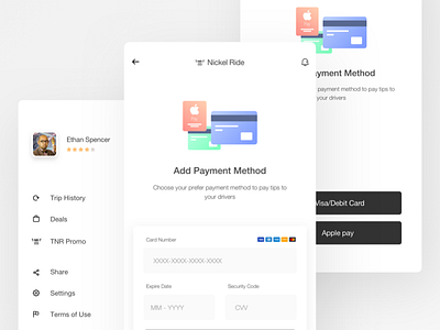 Payment option UI | Nickel Ride animation app ui clean ui flat ui ios app iphone x iphonex app minimal ui ride sharing app ui ux wallet app