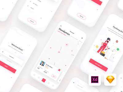 Handyman app UI kit | Adobe XD | Sketch 18:9 ui app ui clean ui flat ui handyman app illustration ui ios app iphone x search handyman ui kit