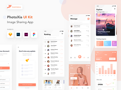 PhotoXia - Image sharing app UI kit app design app ui app ui kit flat ui free ui kit freebie image ui kit instagram ui kit ios app ios ui kit photo sharing ui elements ui kit