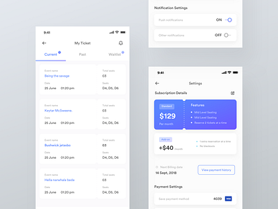 Event tickets and subscription list | Event app UI app design event app event ui flat ui ios app minimal ui setting ui subscription ui ticket app ticket ui ui design