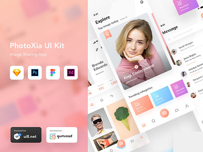 PhotoXia - Image sharing app UI kit | Year ending Sale app design app ui app ui kit figma ui kit flat ui free ui kit freebie image ui kit instagram ui kit ios app ios ui kit photo sharing ui elements ui kit xd ui kit