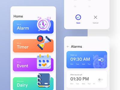 Close look of the fun Alarm app alarm app app design diary app event flat ui ios app minimal ui reminder stop watch timer timer app ui design