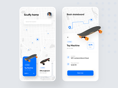 Skateboard finder app app illustration flat ui ios app ios design map app map finder map marker map ui map view minimal ui mobile app design modular design skateboard skateboard app uber