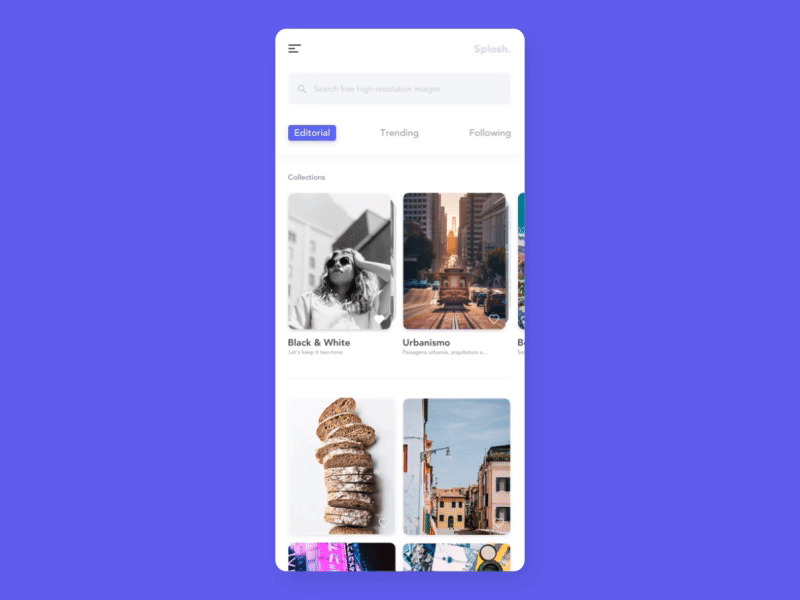 Splosh. - Unsplash App Concept (UI) animation app bounce cards concept interaction animation photos principle sketch stacked tabs ui unsplash ux