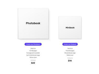 Create your photobook book button clean interface minimal mockup pricing simple ui ux web