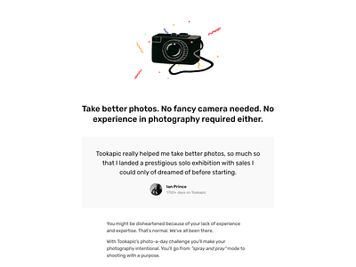 No fancy camera clean design illustration landing landing page minimal product testimonial typography website