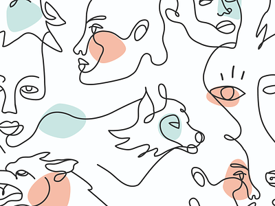 Seamless pattern with faces of people and a beasts