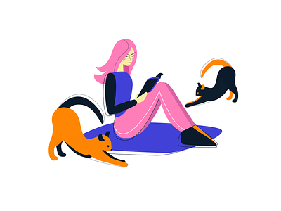 Reading girl with kittens animals book cat character girl iilustration illustrator pet pink playful read