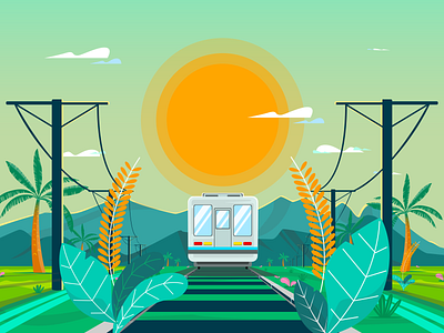 GreenLand green illustration motion graphic mount mountains orange palm sky sun sunset train travel vector