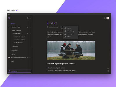 Dark mode for skara company wiki app dark mode design interface knowledge base ui ux