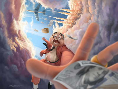 The Pursuit of Happiness airplane art artwork business character design clouds digital art digital painting dollars fall falling happiness illustration money painting poster sky