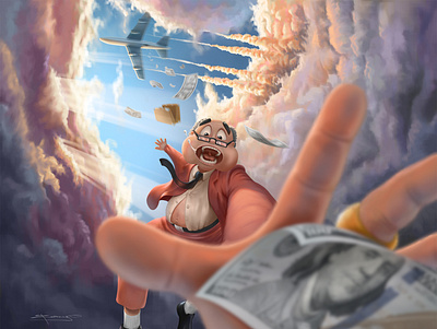 The Pursuit of Happiness airplane art artwork business character design clouds digital art digital painting dollars fall falling happiness illustration money painting poster sky