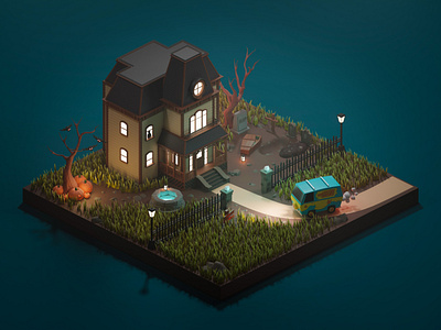 Isometric Halloween Scene, the Mystery Machine drives to the Psy 3d cartoon environment