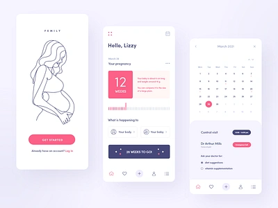 Femily - pregnancy app app calendar helath illustration maternity medical medical app medical care mobile mobile app mobile app design mobile design mobile ui modern onboarding ui pregnancy ui ui design uiux woman illustration