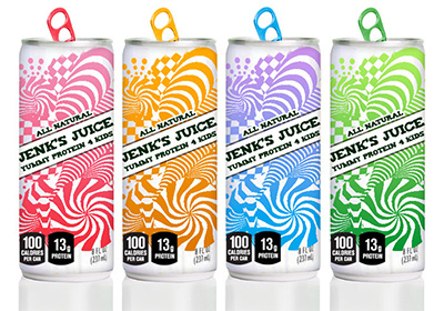 Jenk's Juice all natural can carbonated colorful colors csd kids packaging protein soda soft drink