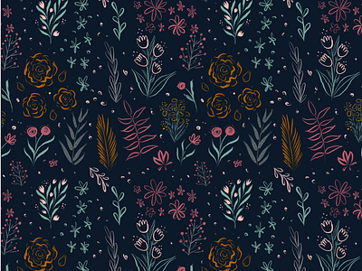 Nocturnal Floral Pattern bright dramatic floral pattern flowers leaves navy blue pattern design procreate surface