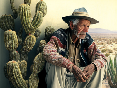 Old man sitting next to a cactus in the brazilian caatinga app design illustration webdesign