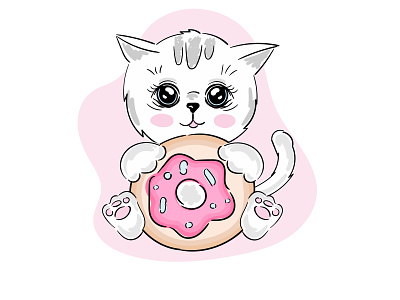 Cute kitten with donut on pink cat child cute design donut girl illustration kids kitten kitty logo print sweet vector
