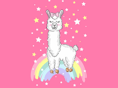 Cute llama girl on rainbow with stars print pink by Evgeniia on