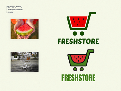 fresh store logo design agriculture art design double meaning drawing dual meaning farm food fresh graphic icon illustration jenggot merah logo shopping cart sign store symbol vector water melon