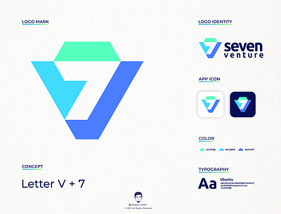 seven venture logo design 7 awesome blue color brand identity branding color fintech geometric icon industry inspirations jenggot merah logo design minimal negative space seven startup logo tech technology venture