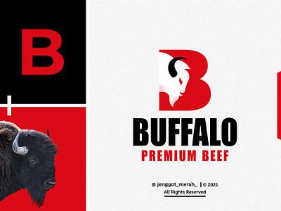 Buffalo Logo Design aggresive angry beast beef bison buffalo bull design face gaming head jenggot merah letter b logo mascot negative space power strong symbol