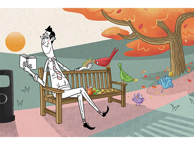 Distracted birds character design distraction illustration kid lit park park bench reading