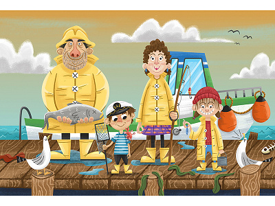 Fisherman's Family boat character design digital art dock fishing illustration kid lit seaguls