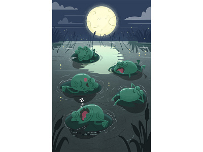Sleeping Frogs character design frogs full moon illustration kid lit lily pads pond sleeping snooze