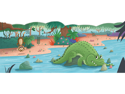 Monkey And The Crocodile Spread 2 character design childrens illustration crocodile fable illustration kid lit monkey publishing short story storytime magazine