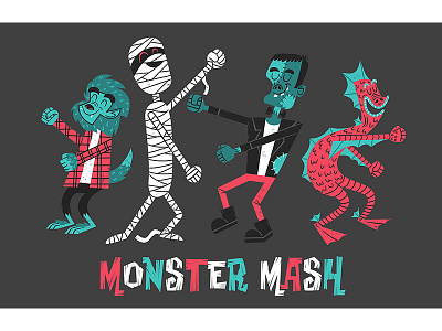 Monster Mash character design childrens illustration dance dancing frankenstein illustration kid lit limited palette monster mash monsters mummy wolfman