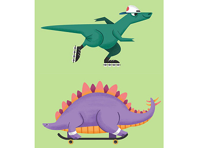 Skating Dinos! 1/2 character design dinos dinosaurs illustration raptor rollerblades skate skateboard skating stegosaurus