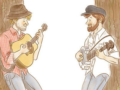 The Okee Dokee Brothers, website illos banjo bluegrass grammy guitar kindie music the okee dokee brothers