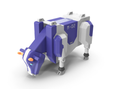 Robot Cow Eating Pose Picture 360 animal autonomus bot cattle charge cow electrical electronics farm grass machine mech mechanical metal milk modern purple robot scifi violet