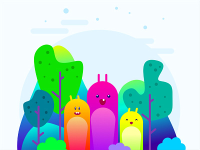 Lepis Fellas characters colorful illustration mountains plants sky trees