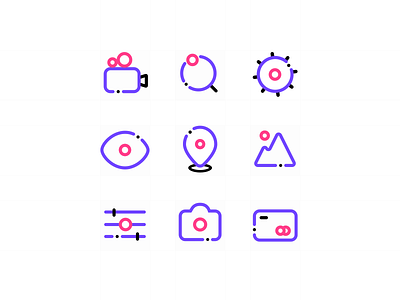 First Icons Set black camera card design eye filter flat icon a day landscape line location minimal photo pink purple search set settings sketch ui