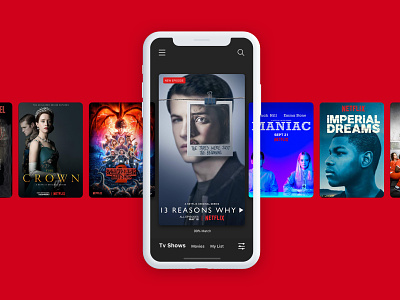 Netflix Concept App 2019 card design film filter ios iphonex list mobile mockup movie navigation red redesign scroll search streaming tv app tv show ui