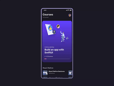 Design Courses App 2019 animation dark design development figma illustraion ios mobile principle subscription swift ui vector