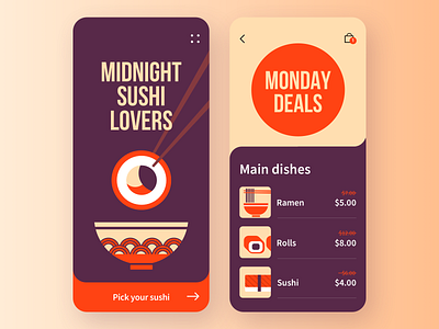 Sushi Shop App app clean deals delivery design dishes food gogoapps illustration ios midnight minimal mobile product ramen rolls simple shapes sushi ui ux