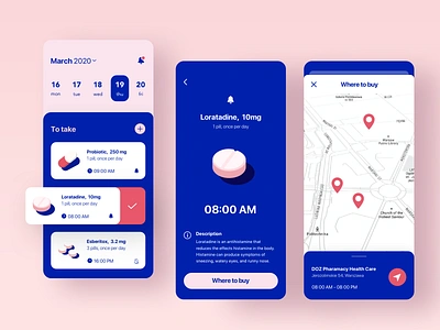 Medication Reminder app blue calendar care design gogoapps health interface meditation minimal mobile pharmacy pills pin reminder screen sketch trend ui ux